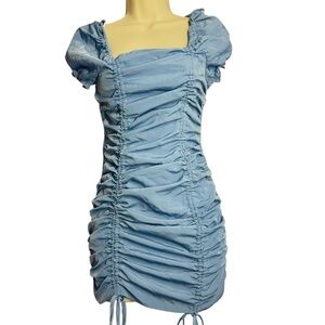Fashion Nova Light Blue Ruched Puff Sleeve Mini Dress